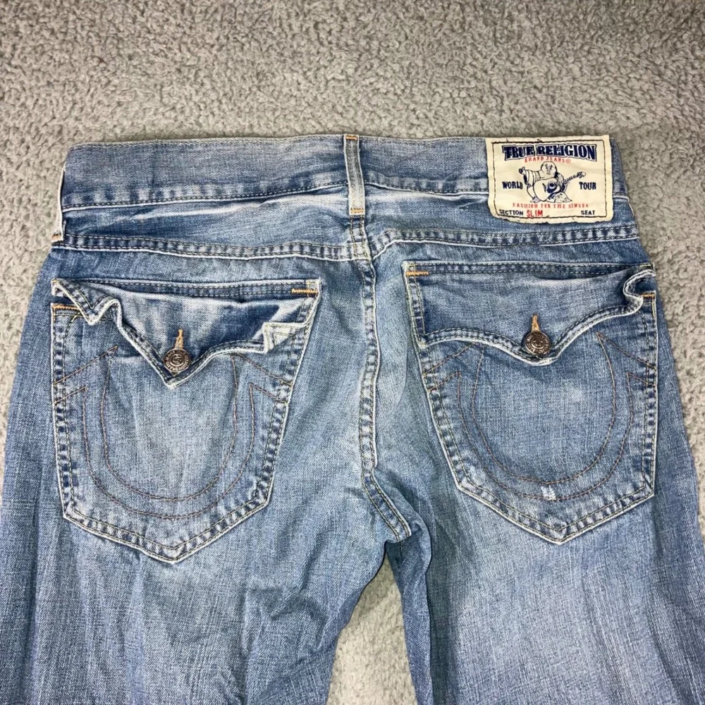 Vtg True Religion Slim Straight Jeans Men 34 Blue Flap Pocket Whiskered USA Made